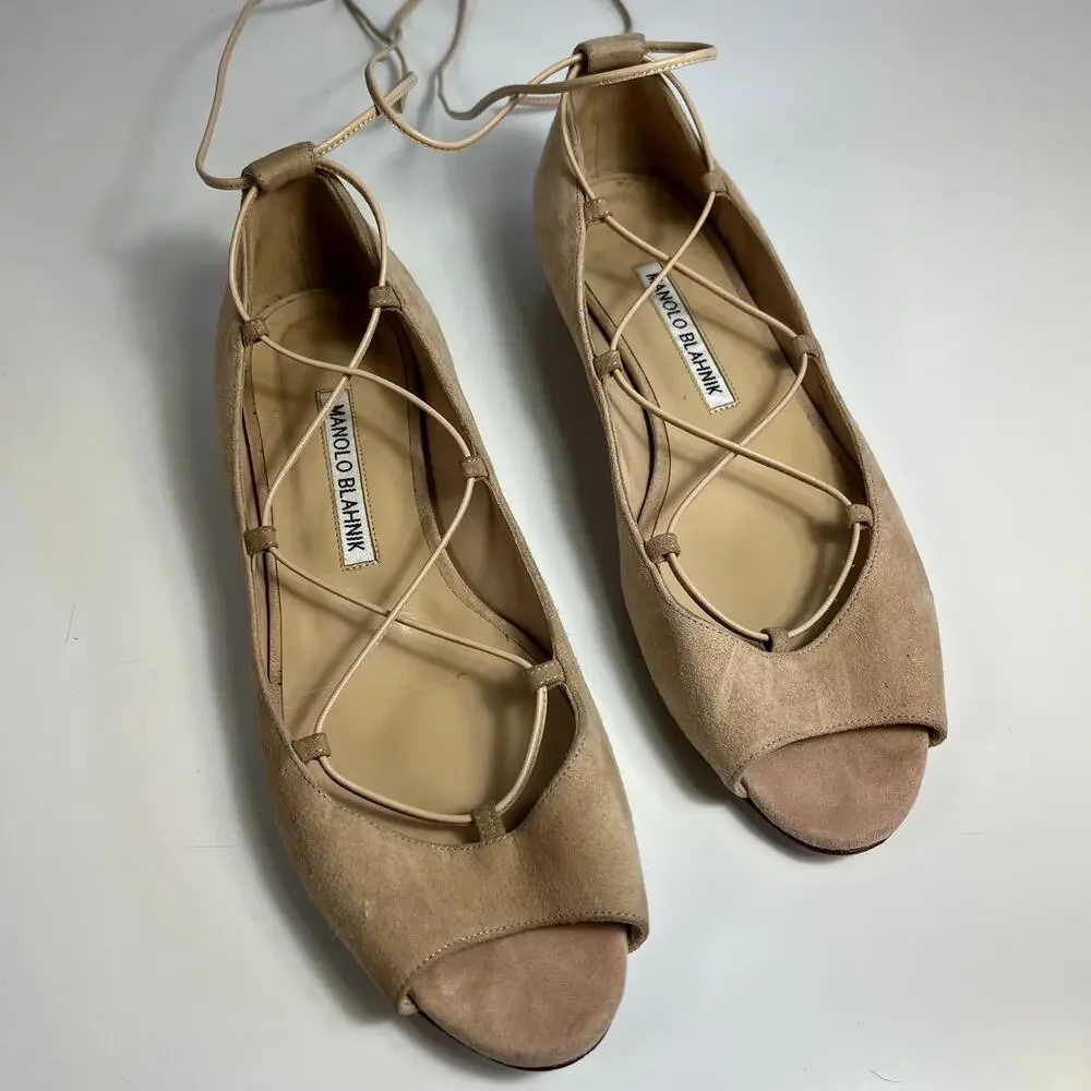 Manolo Blahnik Lace Up Espadrille Flats Peep Toe Suede Nude Size 6 / 36.5 Italy